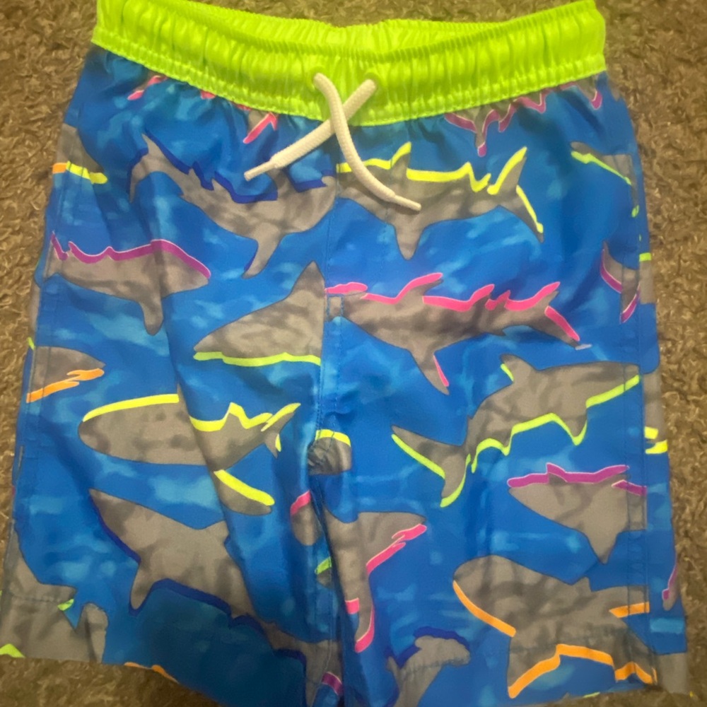 Lands' End Kids Shark Print Swim Trunks - Blue and Neon